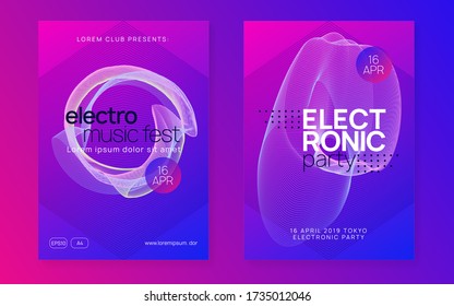 Electronic event. Curvy concert invitation set. Dynamic gradient shape and line. Neon electronic event. Electro dance dj. Trance sound. Club fest poster. Techno music party flyer.