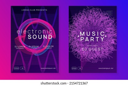 Electronic event. Curvy concert invitation set. Dynamic fluid shape and line. Neon electronic event. Electro dance dj. Trance sound. Club fest poster. Techno music party flyer.