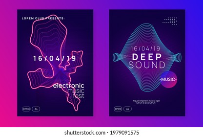 Electronic event. Curvy discotheque banner set. Dynamic fluid shape and line. Neon electronic event. Electro dance dj. Trance sound. Club fest poster. Techno music party flyer.