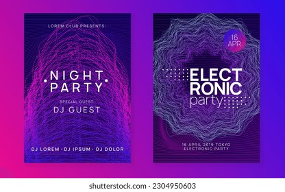 Electronic event. Digital concert magazine set. Dynamic fluid shape and line. Neon electronic event. Electro dance dj. Trance sound. Club fest poster. Techno music party flyer.