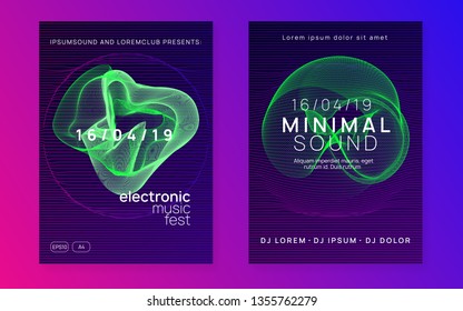 Electronic event. Digital discotheque invitation set. Dynamic gradient shape and line. Neon electronic event. Electro dance dj. Trance sound. Club fest poster. Techno music party flyer.
