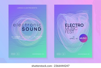 Evento electrónico. Juego de revistas de discoteca digital. Forma y línea de degradado dinámico. Un acontecimiento electrónico neón. Dj de baile de Electro. Sonido de trance. Afiche del festival de club. Volante de la fiesta de Techno.