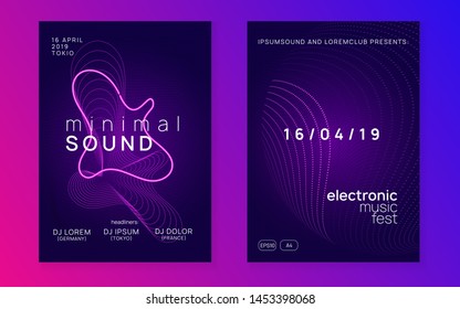 Electronic event. Dynamic fluid shape and line. Trendy discotheque brochure set. Neon electronic event. Electro dance dj. Trance sound. Club fest poster. Techno music party flyer.