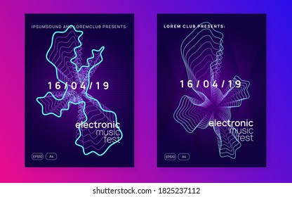 Electronic event. Dynamic fluid shape and line. Digital show magazine set. Neon electronic event. Electro dance dj. Trance sound. Club fest poster. Techno music party flyer.