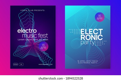 Electronic event. Dynamic fluid shape and line. Wavy show brochure set. Neon electronic event. Electro dance dj. Trance sound. Club fest poster. Techno music party flyer.