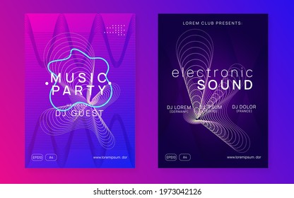 Electronic event. Dynamic fluid shape and line. Bright discotheque cover set. Neon electronic event. Electro dance dj. Trance sound. Club fest poster. Techno music party flyer.