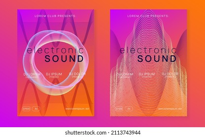 Electronic event. Dynamic fluid shape and line. Cool concert cover set. Neon electronic event. Electro dance dj. Trance sound. Club fest poster. Techno music party flyer.