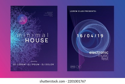 Electronic event. Dynamic fluid shape and line. Geometric discotheque brochure set. Neon electronic event. Electro dance dj. Trance sound. Club fest poster. Techno music party flyer.