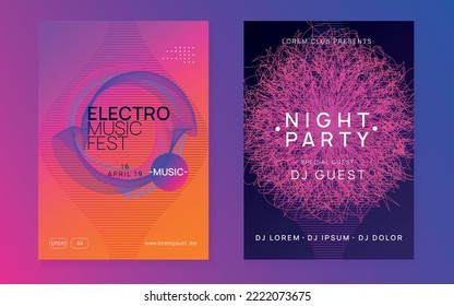 Electronic event. Dynamic fluid shape and line. Commercial show invitation set. Neon electronic event. Electro dance dj. Trance sound. Club fest poster. Techno music party flyer.