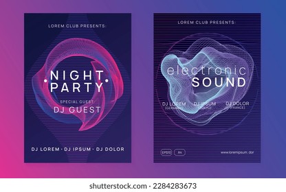 Electronic event. Dynamic fluid shape and line. Wavy discotheque invitation set. Neon electronic event. Electro dance dj. Trance sound. Club fest poster. Techno music party flyer.