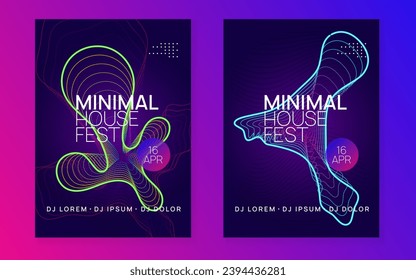 Electronic event. Dynamic fluid shape and line. Bright concert magazine set. Neon electronic event. Electro dance dj. Trance sound. Club fest poster. Techno music party flyer.