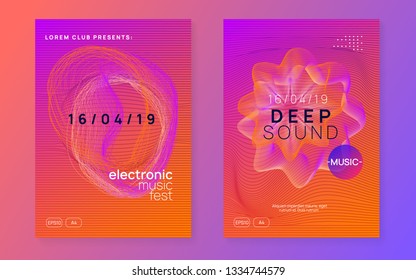 Electronic event. Dynamic gradient shape and line. Futuristic discotheque cover set. Neon electronic event. Electro dance dj. Trance sound. Club fest poster. Techno music party flyer.