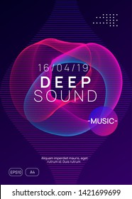 Electronic event. Dynamic gradient shape and line. Curvy concert brochure layout. Neon electronic event. Electro dance dj. Trance sound. Club fest poster. Techno music party flyer.