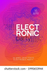 Electronic event. Dynamic gradient shape and line. Bright show magazine layout. Neon electronic event. Electro dance dj. Trance sound. Club fest poster. Techno music party flyer.