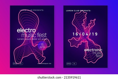 Electronic event. Dynamic gradient shape and line. Creative discotheque cover set. Neon electronic event. Electro dance dj. Trance sound. Club fest poster. Techno music party flyer.