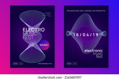 Electronic event. Dynamic gradient shape and line. Bright concert brochure set. Neon electronic event. Electro dance dj. Trance sound. Club fest poster. Techno music party flyer.