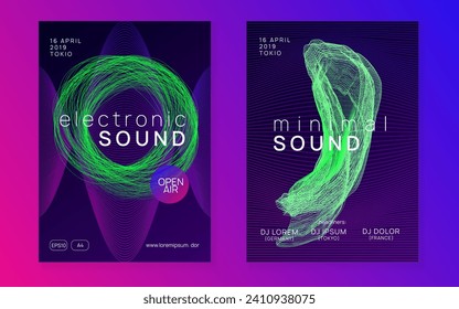 Electronic event. Dynamic gradient shape and line. Wavy show cover set. Neon electronic event. Electro dance dj. Trance sound. Club fest poster. Techno music party flyer.