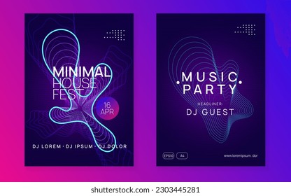 Electronic event. Futuristic discotheque brochure set. Dynamic fluid shape and line. Neon electronic event. Electro dance dj. Trance sound. Club fest poster. Techno music party flyer.