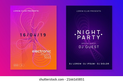 Electronic event. Geometric show magazine set. Dynamic fluid shape and line. Neon electronic event. Electro dance dj. Trance sound. Club fest poster. Techno music party flyer.