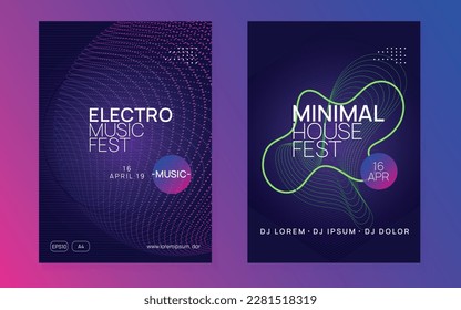 Electronic event. Geometric show magazine set. Dynamic fluid shape and line. Neon electronic event. Electro dance dj. Trance sound. Club fest poster. Techno music party flyer.