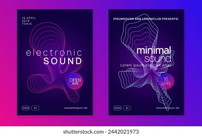 Electronic event. Minimal concert invitation set. Dynamic fluid shape and line. Neon electronic event. Electro dance dj. Trance sound. Club fest poster. Techno music party flyer.