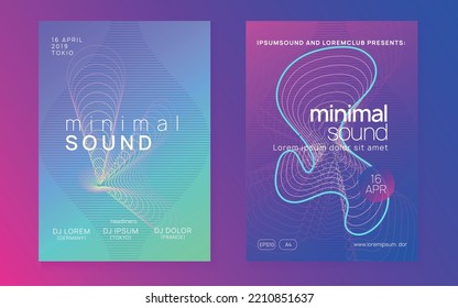 Electronic event. Minimal discotheque cover set. Dynamic fluid shape and line. Neon electronic event. Electro dance dj. Trance sound. Club fest poster. Techno music party flyer.