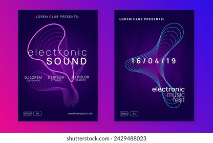 Electronic event. Trendy discotheque invitation set. Dynamic fluid shape and line. Neon electronic event. Electro dance dj. Trance sound. Club fest poster. Techno music party flyer.