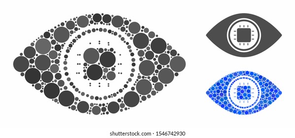 Electronic eye lens mosaic of round dots in different sizes and shades, based on electronic eye lens icon. Vector round dots are united into blue mosaic.