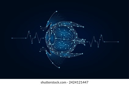 Electronic eyeball and pulse wave glowing between connecting lines. Human organ microchip data circuit code. Medical science of technology futuristic digital innovative health care. Vector EPS10.