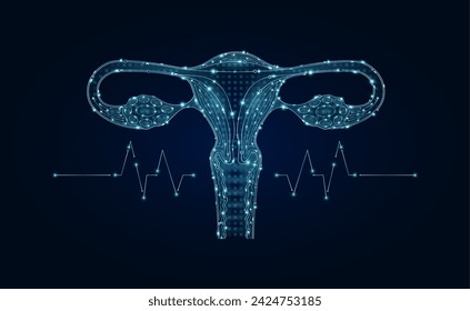 Electronic female uterus and pulse wave glowing between connecting lines. Human organ microchip data circuit code. Medical science of technology futuristic digital innovative health care. Vector EPS10