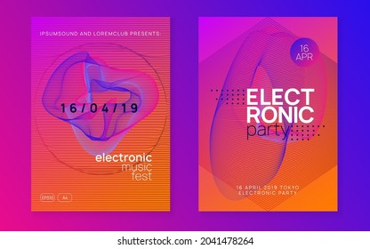 Electronic fest. Bright show banner set. Dynamic gradient shape and line. Neon electronic fest flyer. Electro dance music. Trance sound. Club event poster. Techno dj party.