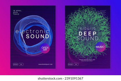 Electronic fest. Creative concert banner set. Dynamic fluid shape and line. Neon electronic fest flyer. Electro dance music. Trance sound. Club event poster. Techno dj party.