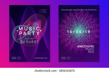 Electronic fest. Dynamic fluid shape and line. Modern discotheque invitation set. Neon electronic fest flyer. Electro dance music. Trance sound. Club event poster. Techno dj party.