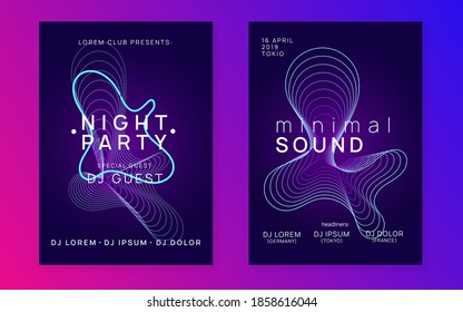 Electronic fest. Dynamic fluid shape and line. Minimal discotheque invitation set. Neon electronic fest flyer. Electro dance music. Trance sound. Club event poster. Techno dj party.