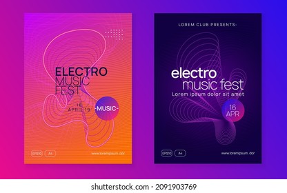 Electronic fest. Dynamic fluid shape and line. Futuristic discotheque invitation set. Neon electronic fest flyer. Electro dance music. Trance sound. Club event poster. Techno dj party.