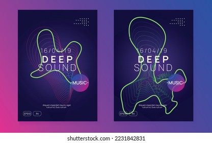 Electronic fest. Dynamic fluid shape and line. Futuristic discotheque magazine set. Neon electronic fest flyer. Electro dance music. Trance sound. Club event poster. Techno dj party.