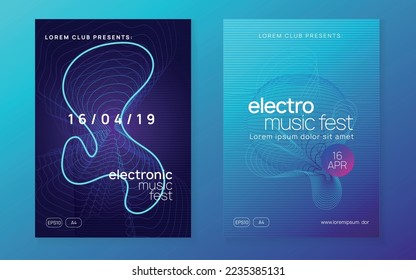 Electronic fest. Dynamic fluid shape and line. Digital concert brochure set. Neon electronic fest flyer. Electro dance music. Trance sound. Club event poster. Techno dj party.