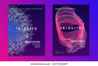 Electronic fest. Dynamic fluid shape and line. Creative discotheque invitation set. Neon electronic fest flyer. Electro dance music. Trance sound. Club event poster. Techno dj party.