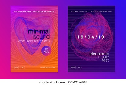 Electronic fest. Dynamic fluid shape and line. Geometric concert banner set. Neon electronic fest flyer. Electro dance music. Trance sound. Club event poster. Techno dj party.