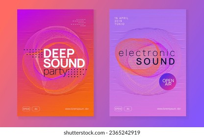 Electronic fest. Dynamic fluid shape and line. Bright concert invitation set. Neon electronic fest flyer. Electro dance music. Trance sound. Club event poster. Techno dj party.
