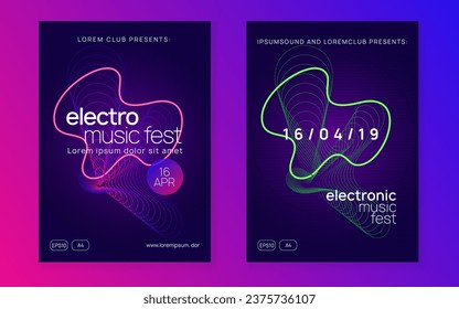 Electronic fest. Dynamic fluid shape and line. Modern show cover set. Neon electronic fest flyer. Electro dance music. Trance sound. Club event poster. Techno dj party.