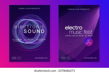 Electronic fest. Dynamic fluid shape and line. Curvy discotheque cover set. Neon electronic fest flyer. Electro dance music. Trance sound. Club event poster. Techno dj party.