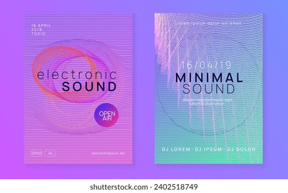 Electronic fest. Dynamic fluid shape and line. Cool concert invitation set. Neon electronic fest flyer. Electro dance music. Trance sound. Club event poster. Techno dj party.