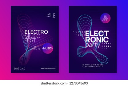 Electronic fest. Dynamic gradient shape and line. Curvy concert magazine set. Neon electronic fest flyer. Electro dance music. Trance sound. Club event poster. Techno dj party.