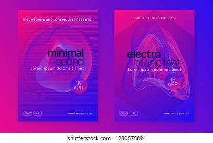 Electronic fest. Dynamic gradient shape and line. Geometric discotheque banner set. Neon electronic fest flyer. Electro dance music. Trance sound. Club event poster. Techno dj party.