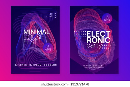 Electronic fest. Dynamic gradient shape and line. Futuristic show banner set. Neon electronic fest flyer. Electro dance music. Trance sound. Club event poster. Techno dj party.