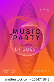 Electronic fest. Dynamic gradient shape and line. Creative discotheque cover concept. Neon electronic fest flyer. Electro dance music. Trance sound. Club event poster. Techno dj party.