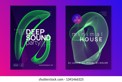 Electronic fest. Dynamic gradient shape and line. Abstract concert invitation set. Neon electronic fest flyer. Electro dance music. Trance sound. Club event poster. Techno dj party.