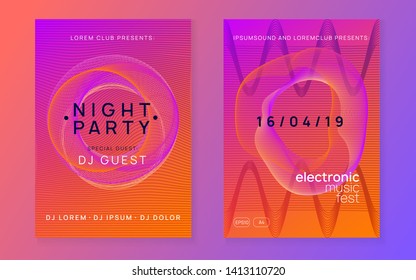 Electronic fest. Dynamic gradient shape and line. Creative concert magazine set. Neon electronic fest flyer. Electro dance music. Trance sound. Club event poster. Techno dj party.