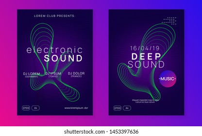 Electronic fest. Dynamic gradient shape and line. Curvy concert cover set. Neon electronic fest flyer. Electro dance music. Trance sound. Club event poster. Techno dj party.